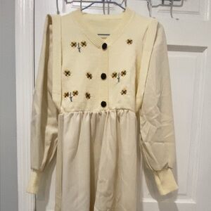 Cream Long-Sleeve Dress with Floral Embroidery